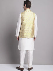 Men's Golden Woven Styled Design Nehru Jacket With Solid Kurta Pyjama.