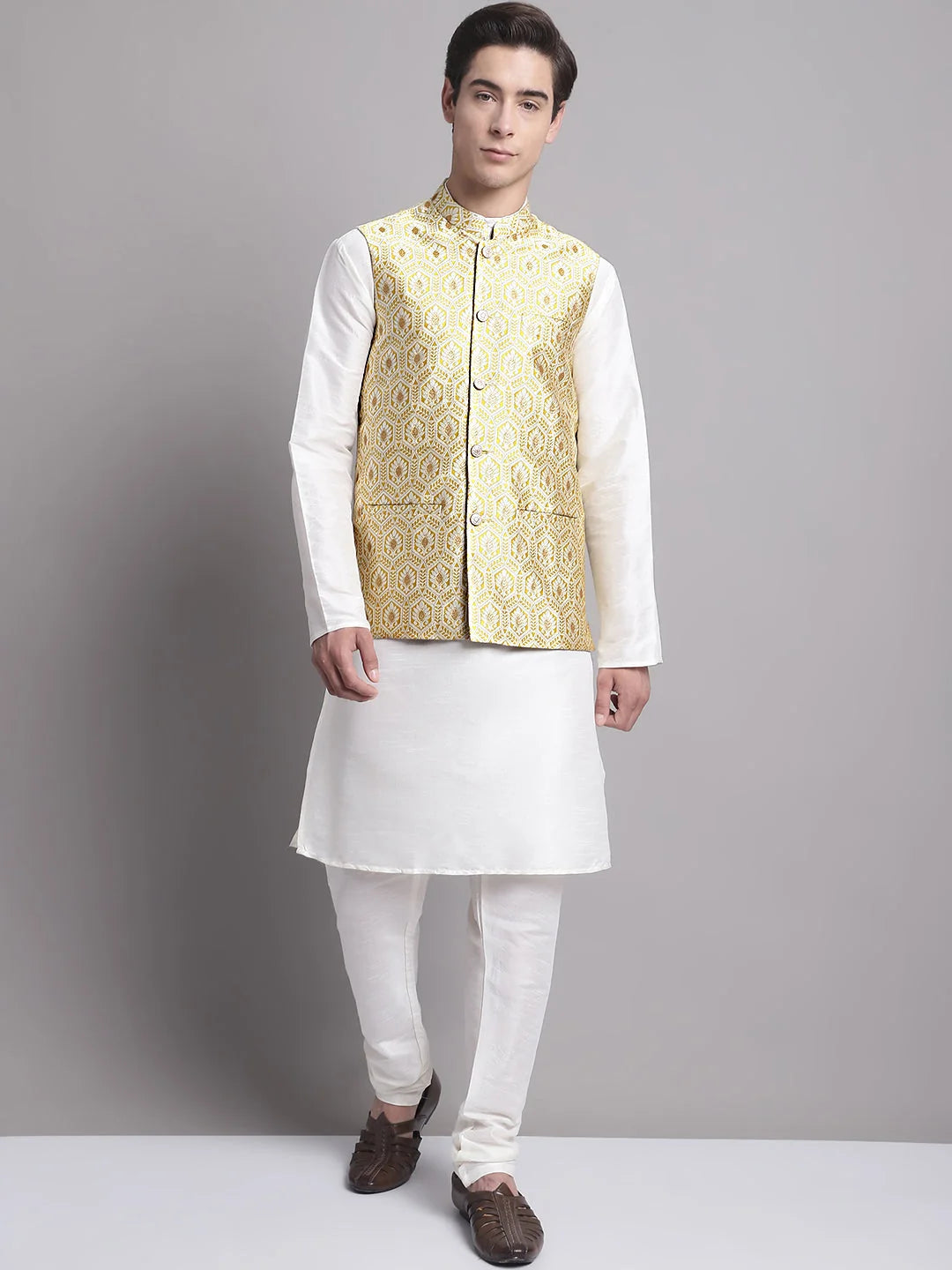 Golden Woven Nehru Jacket with Solid Kurta Pajama | Mens Kurta
