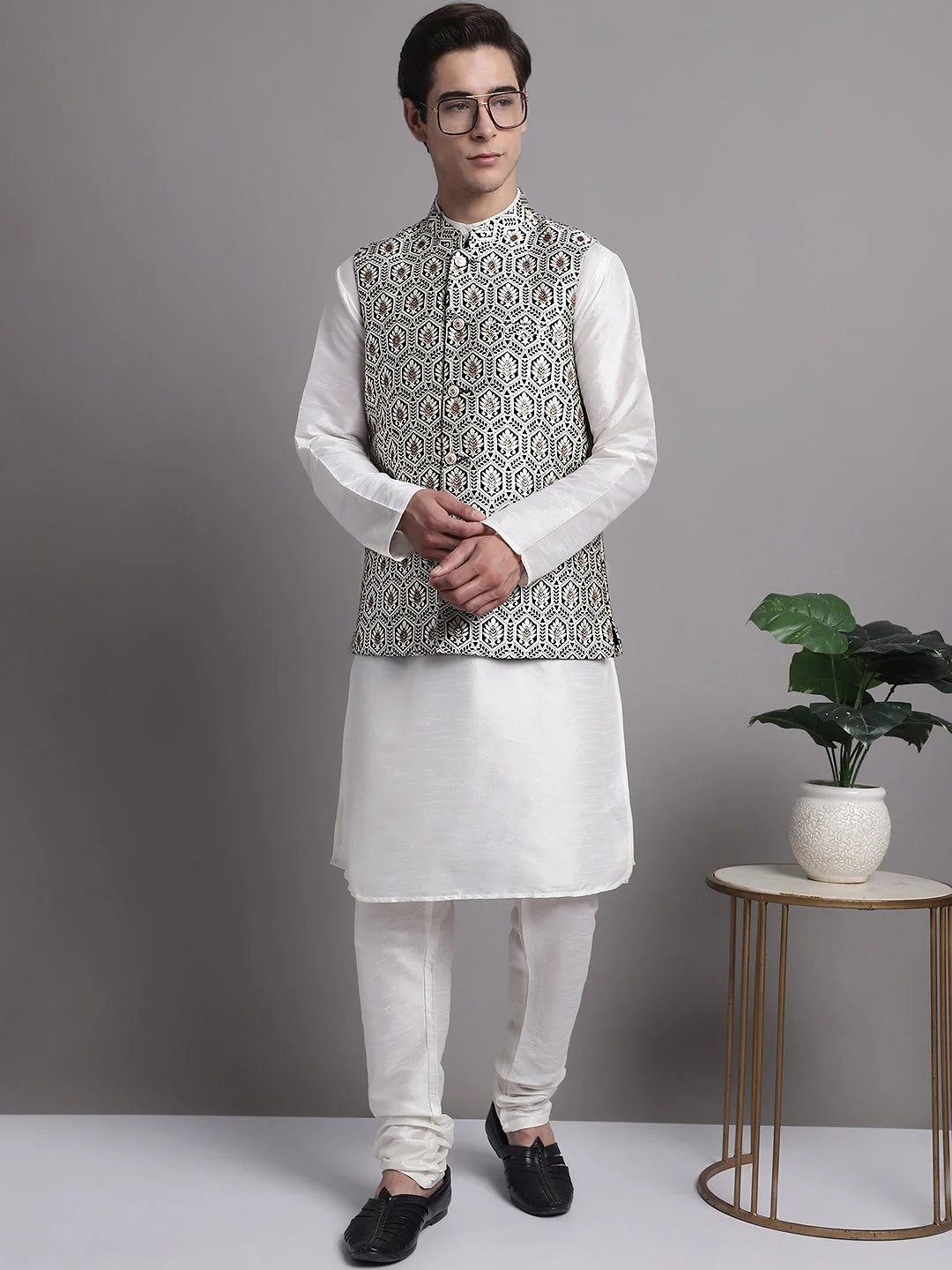 Silver & Navy Mens Kurta Pajama Set with Nehru Jacket | Pathani