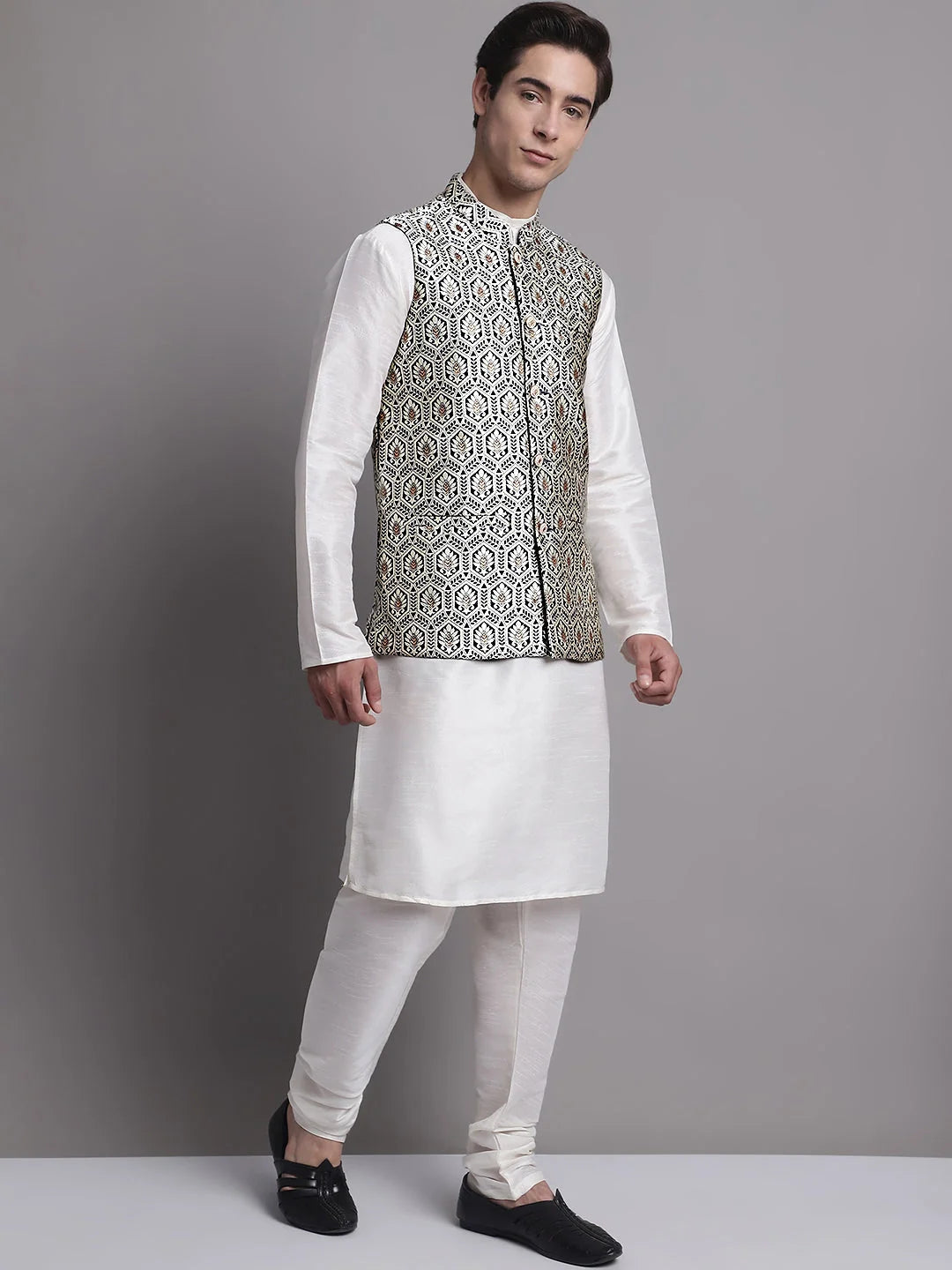 Silver & Navy Mens Kurta Pajama Set with Nehru Jacket | Pathani