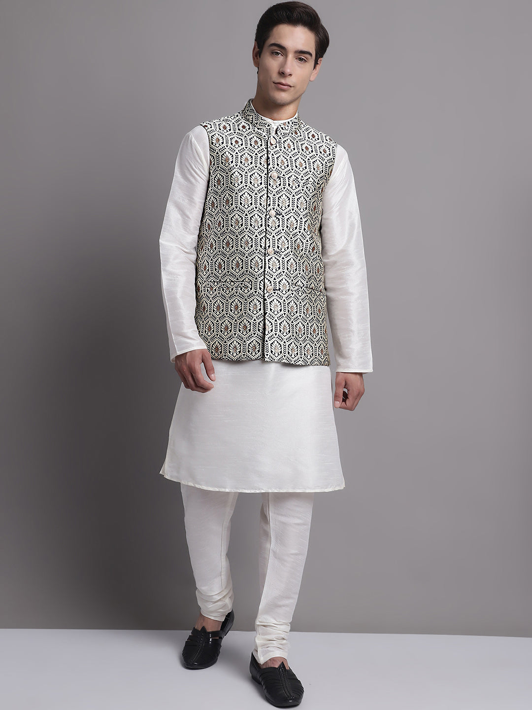 Silver & Navy Mens Kurta Pajama Set with Nehru Jacket | Pathani
