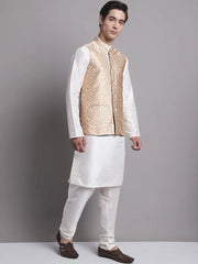 Men's Woven Design Nehru Jacket With Solid Kurta Pyjama.