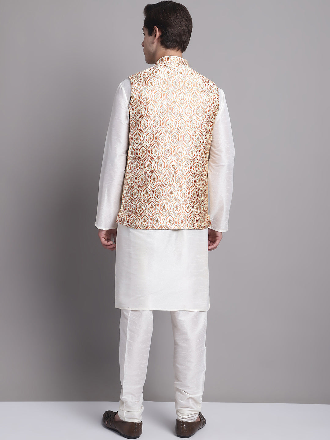 Mens Kurta Pajama Set: Woven Nehru Jacket & Solid Cotton Kurta