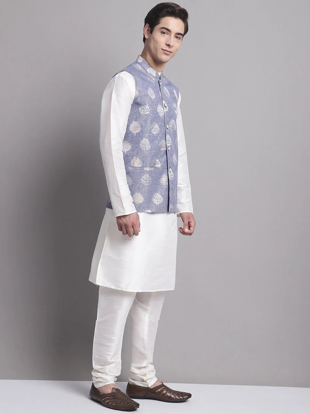 Blue Printed Nehru Jacket with Kurta Pajama Set | Pathani Suit