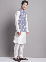 Men's Blue Printed Nehru Jacket With Solid Kurta Pyjama.