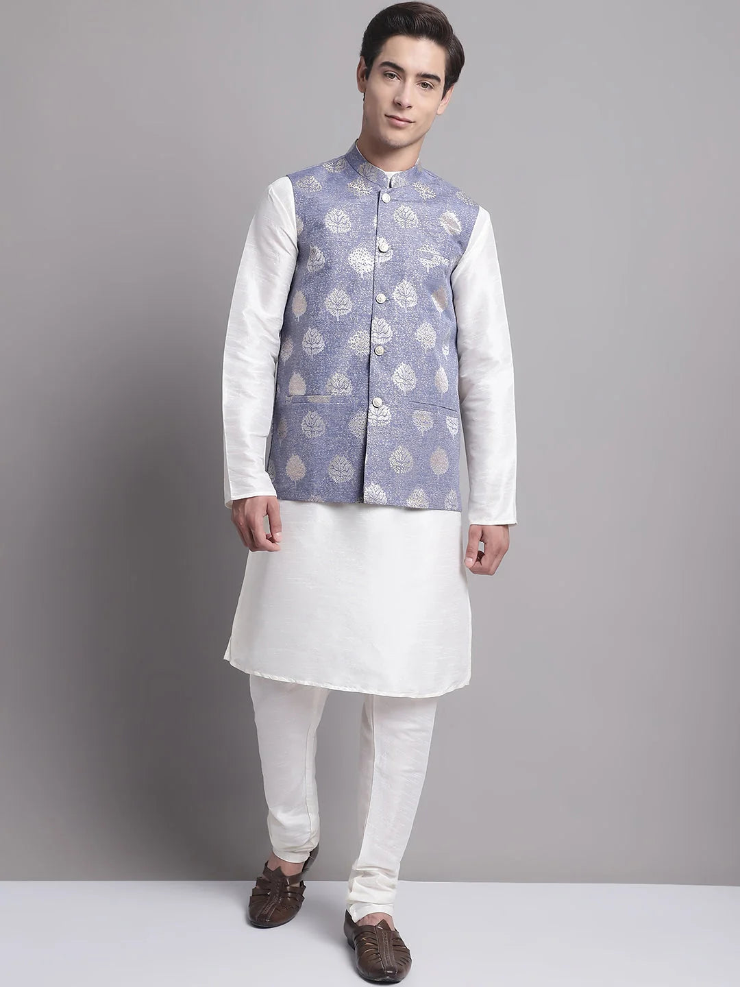 Blue Printed Nehru Jacket with Kurta Pajama Set | Pathani Suit