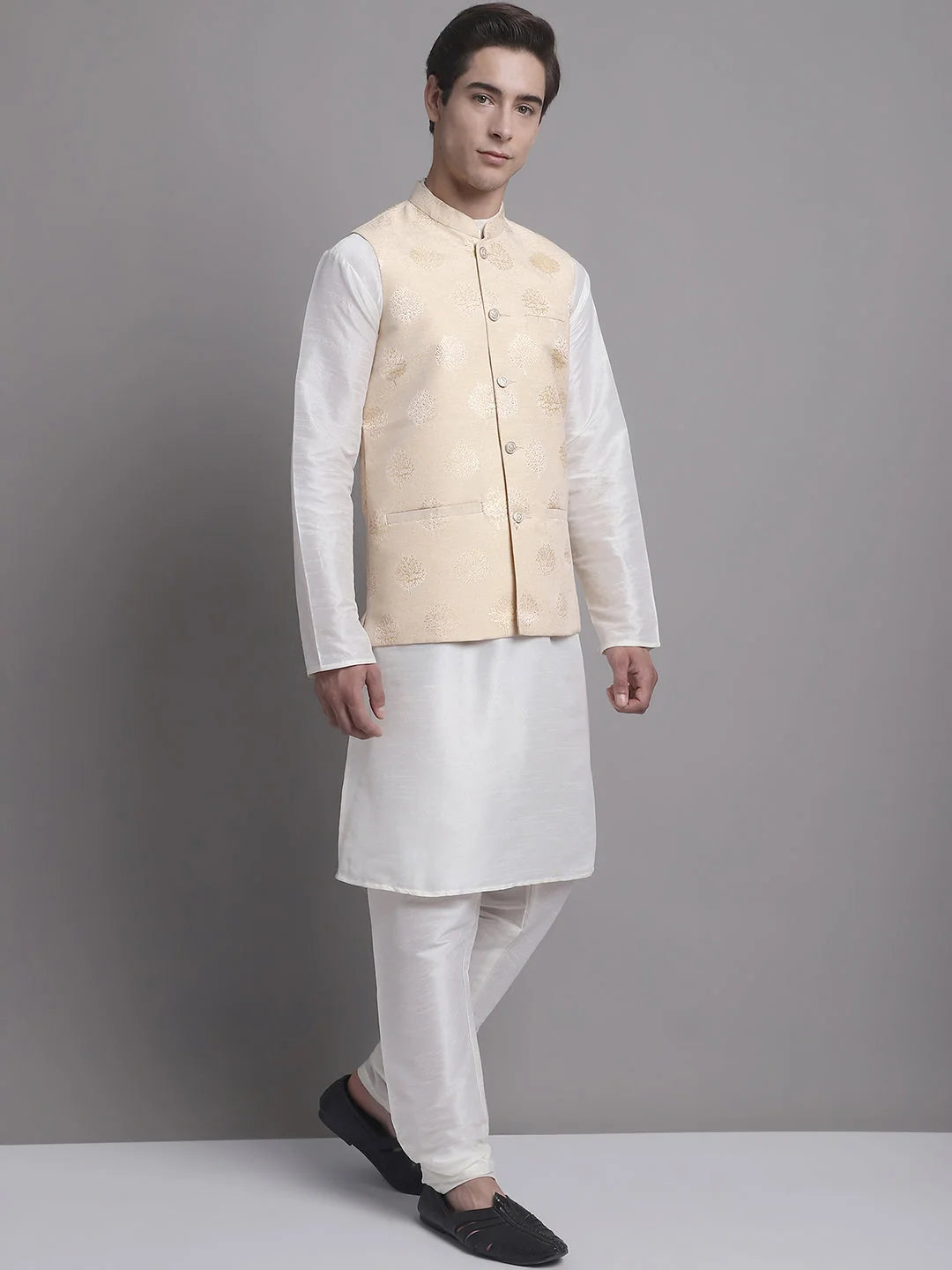 Cream Printed Nehru Jacket with Kurta Pajama Set | Kurta Pajama