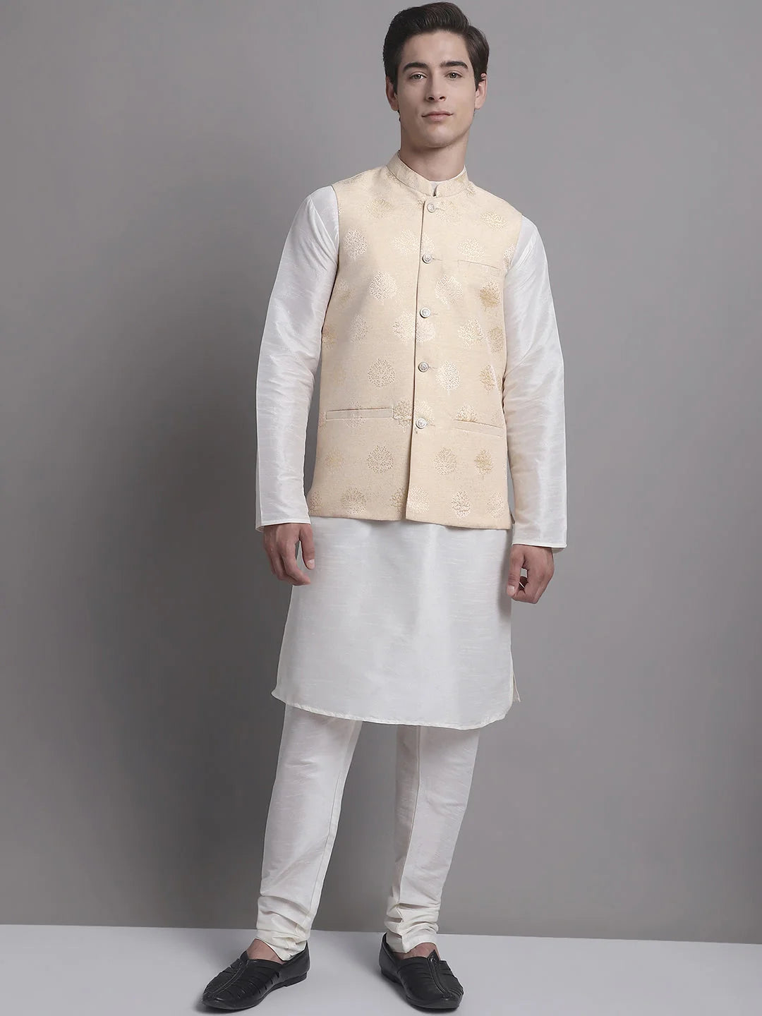 Cream Printed Nehru Jacket with Kurta Pajama Set | Kurta Pajama