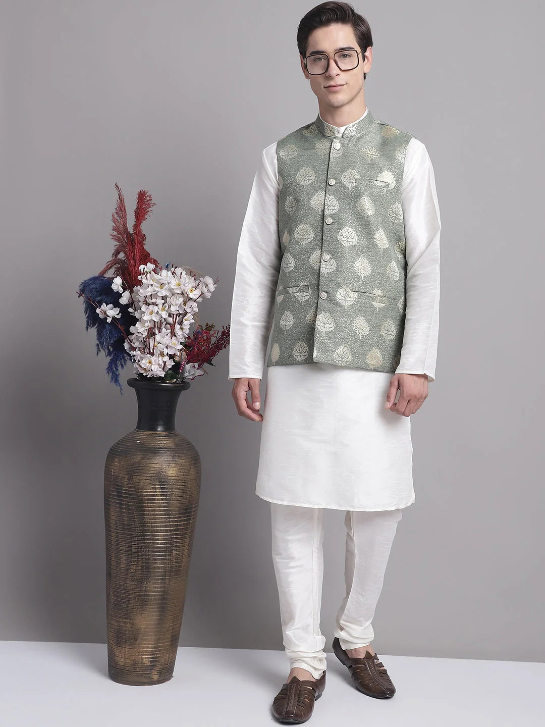 Green Printed Nehru Jacket with Kurta Pajama Set | Pathani Suit