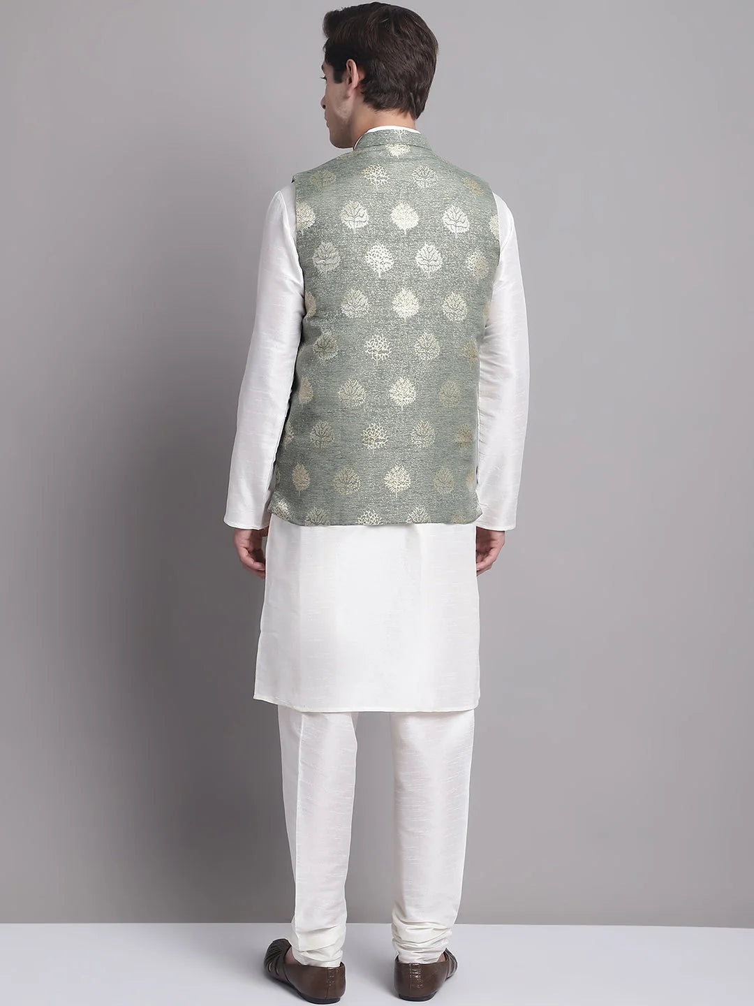 Green Printed Nehru Jacket with Kurta Pajama Set | Pathani Suit