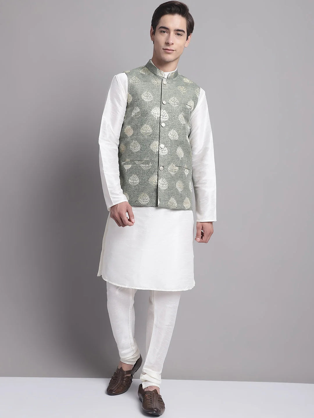 Green Printed Nehru Jacket with Kurta Pajama Set | Pathani Suit