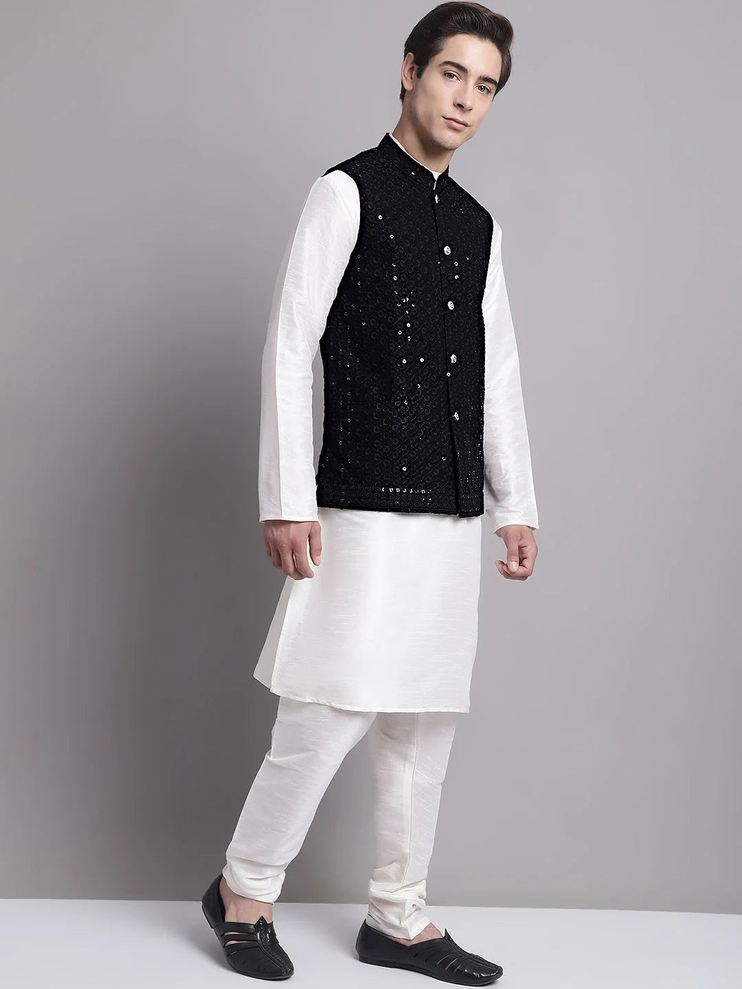 Black Sequined Nehru Jacket with Kurta Pajama Set | Kurta Pajama