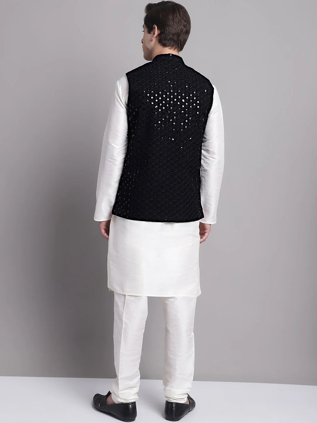 Black Sequined Nehru Jacket with Kurta Pajama Set | Kurta Pajama