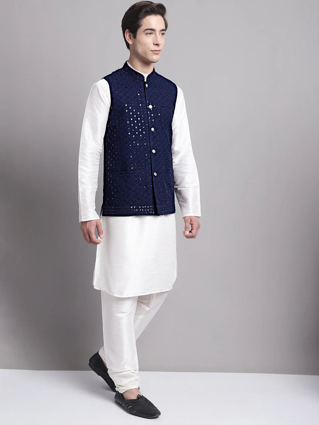 Navy Blue Nehru Jacket Kurta Pajama - Mens Kurta Pajama Set