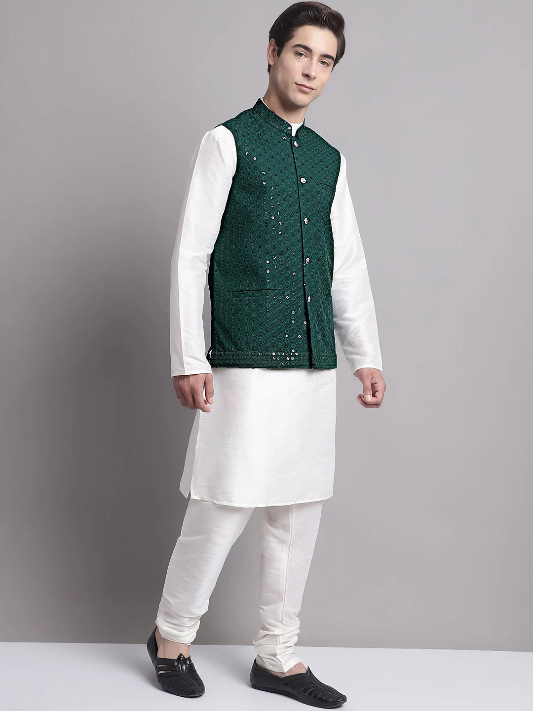 Olive Green Nehru Jacket Kurta Pajama Set for Men