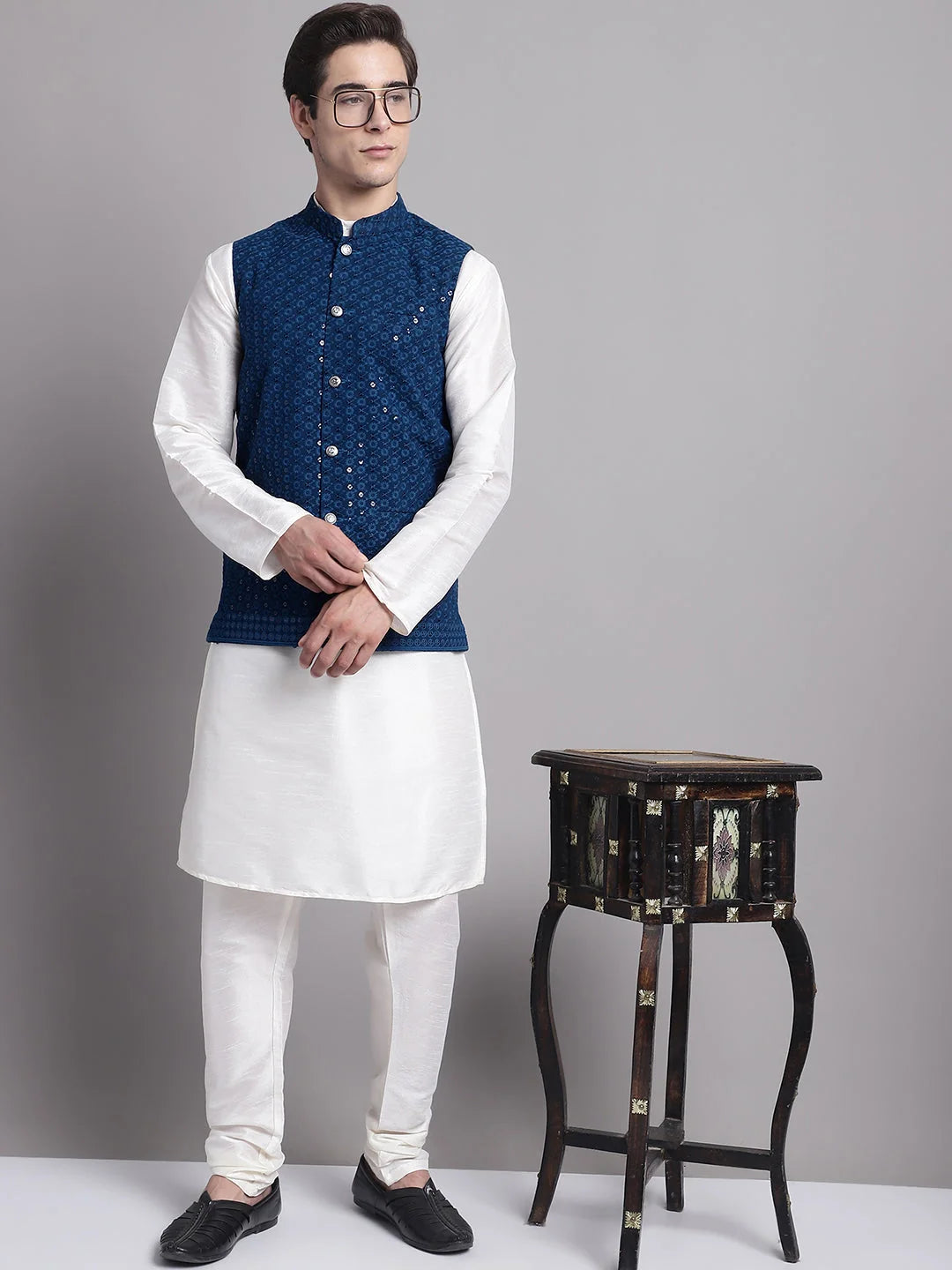 Peacock Blue Nehru Jacket Kurta Pajama - Mens Kurta Pajama Set