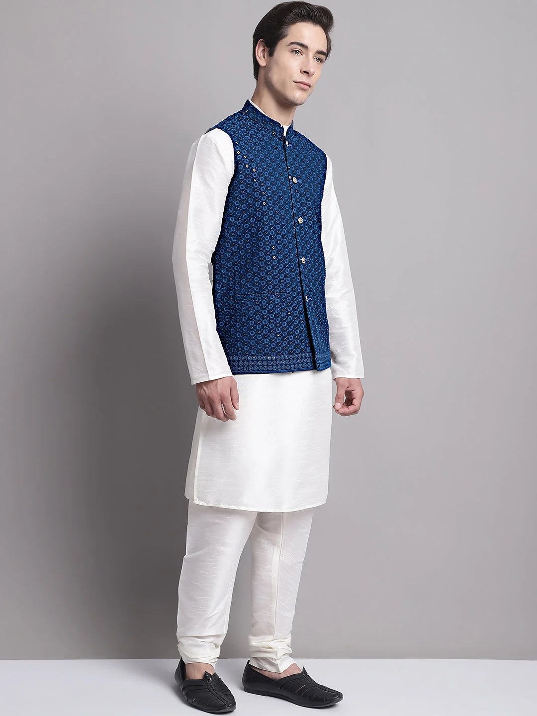Peacock Blue Nehru Jacket Kurta Pajama - Mens Kurta Pajama Set