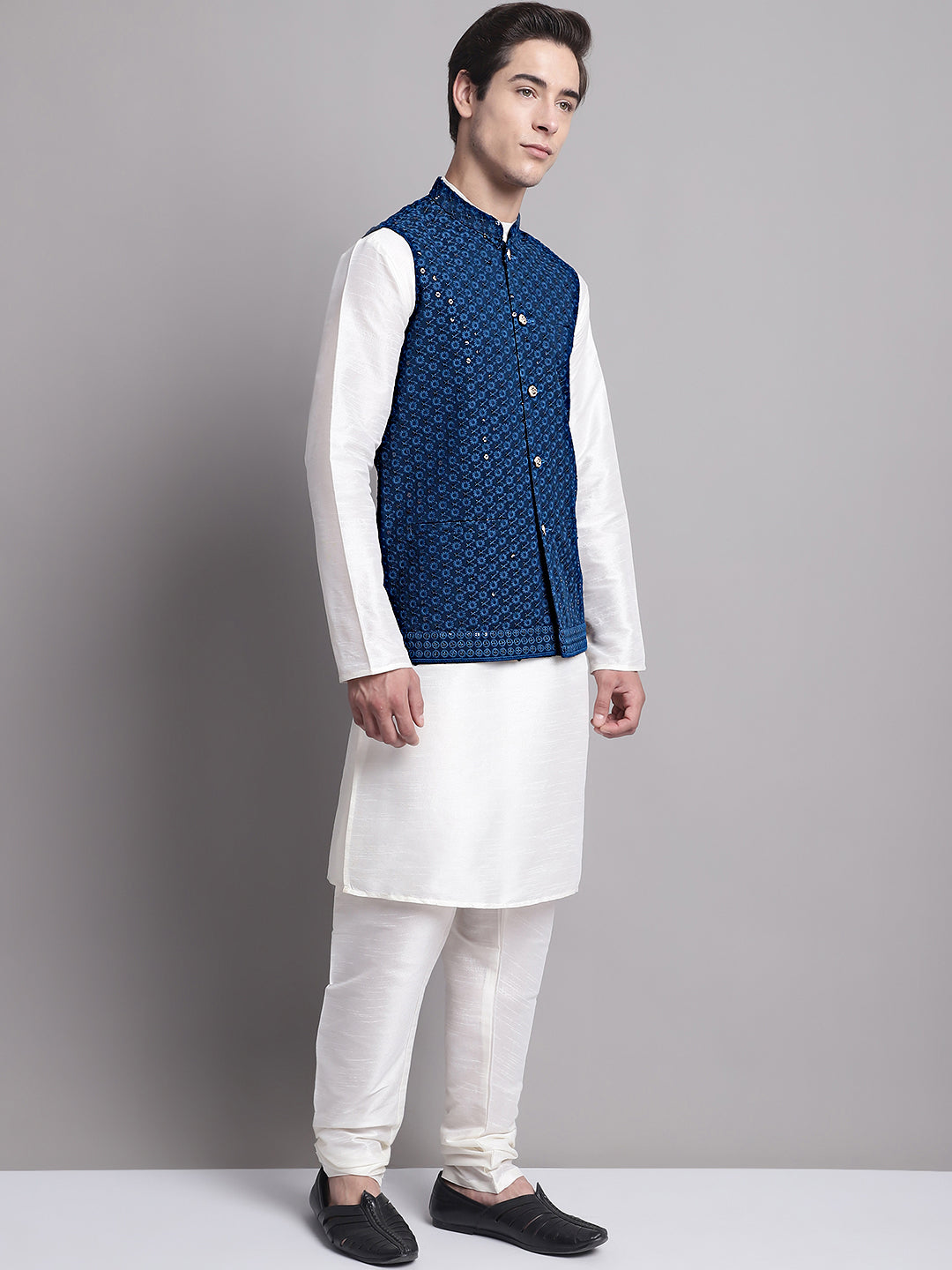 Peacock Blue Nehru Jacket Kurta Pajama - Mens Kurta Pajama Set