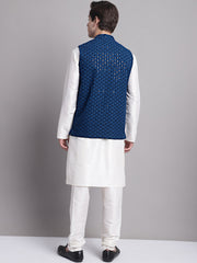 Men's Peacock Blue Sequins and Embroidred Nehru Jacket With Solid Kurta Pyjama.