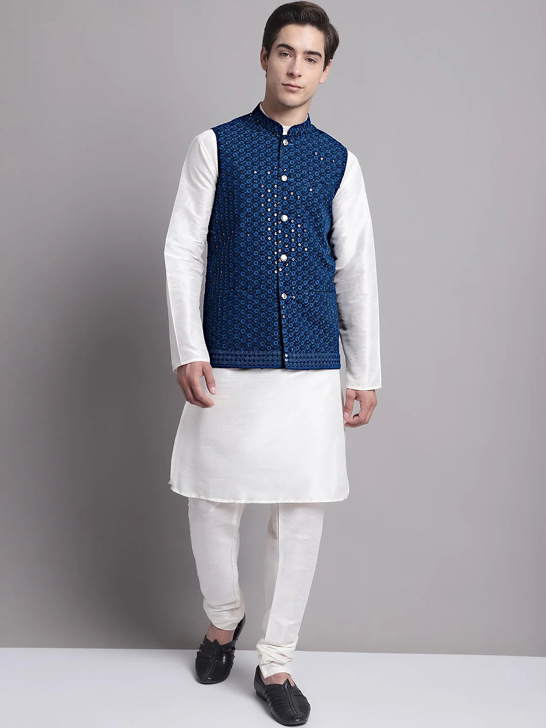 Peacock Blue Nehru Jacket Kurta Pajama - Mens Kurta Pajama Set