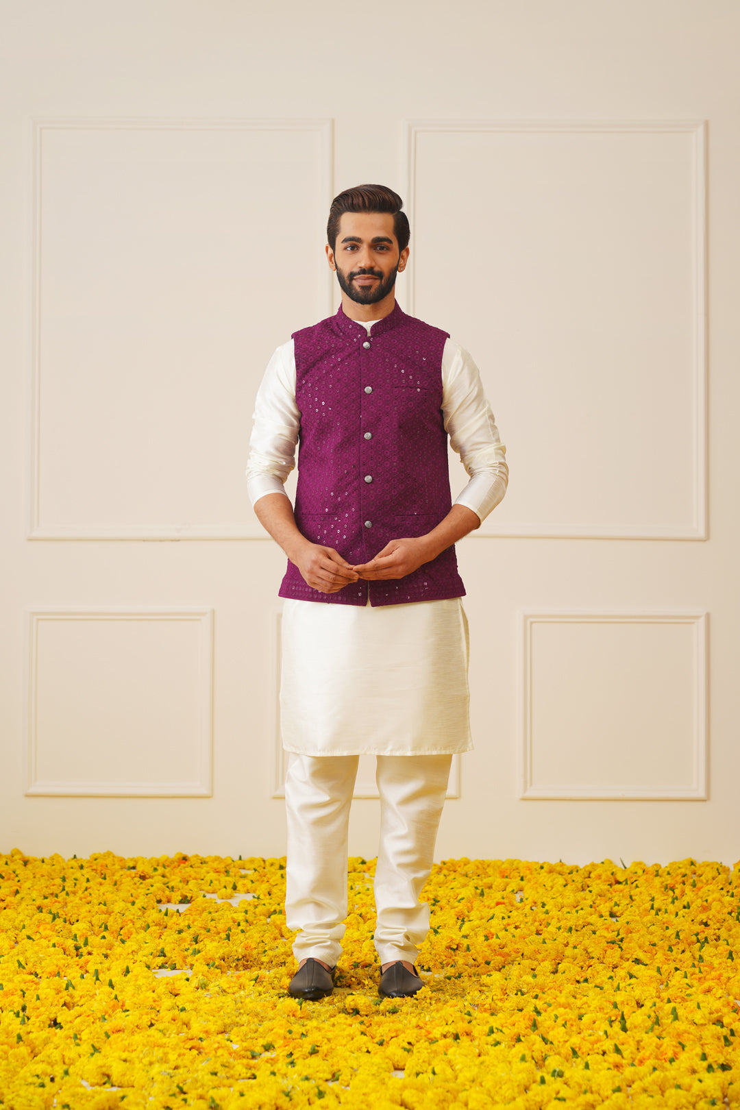 Purple Sequin Nehru Jacket Kurta Pajama - Mens Kurta Pajama Set