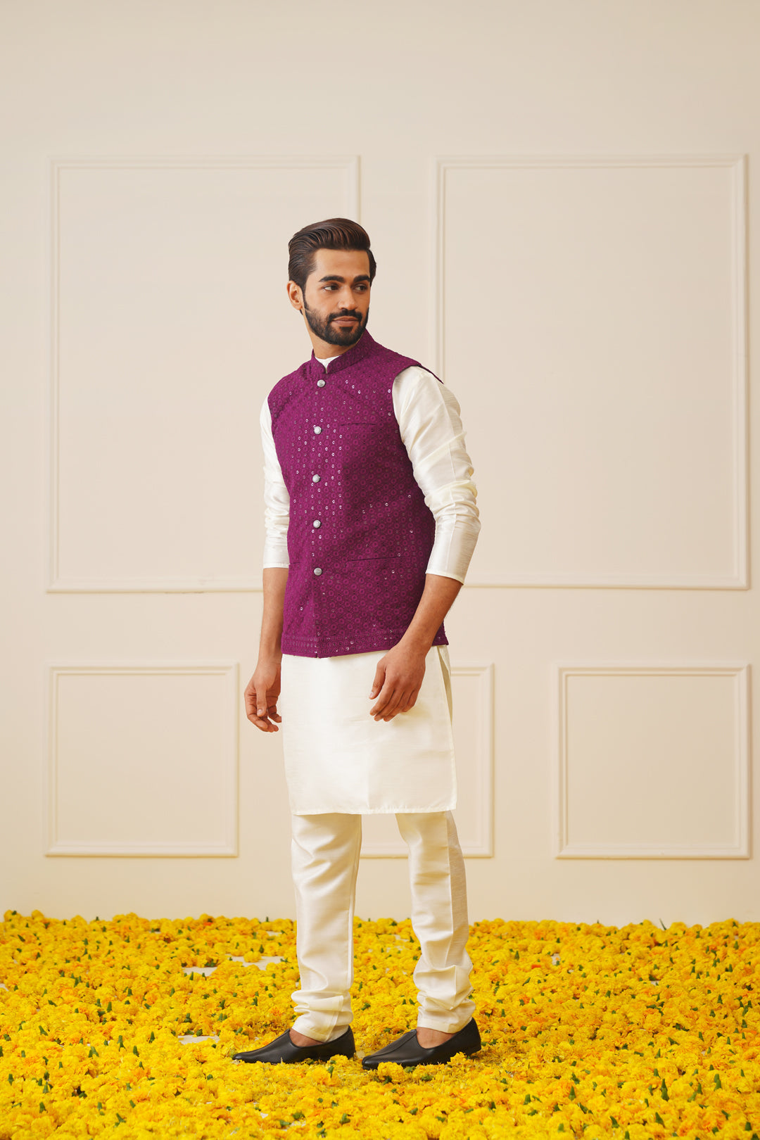 Purple Sequin Nehru Jacket Kurta Pajama - Mens Kurta Pajama Set