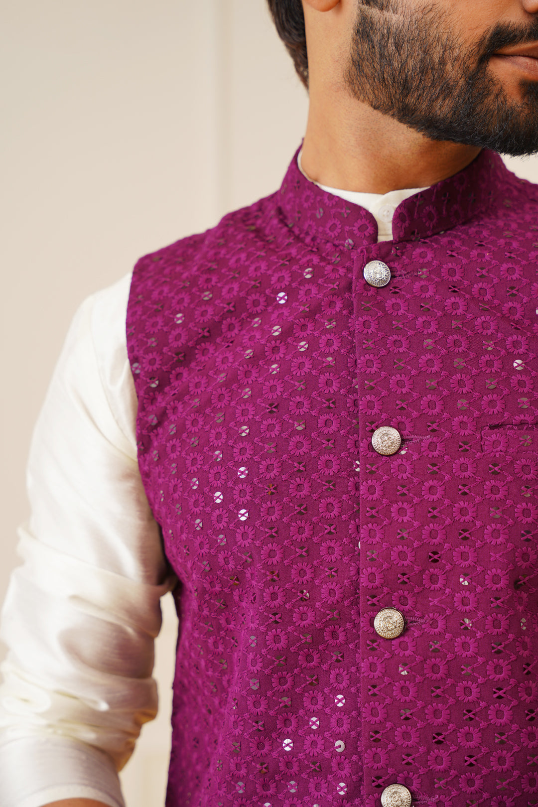 Purple Sequin Nehru Jacket Kurta Pajama - Mens Kurta Pajama Set
