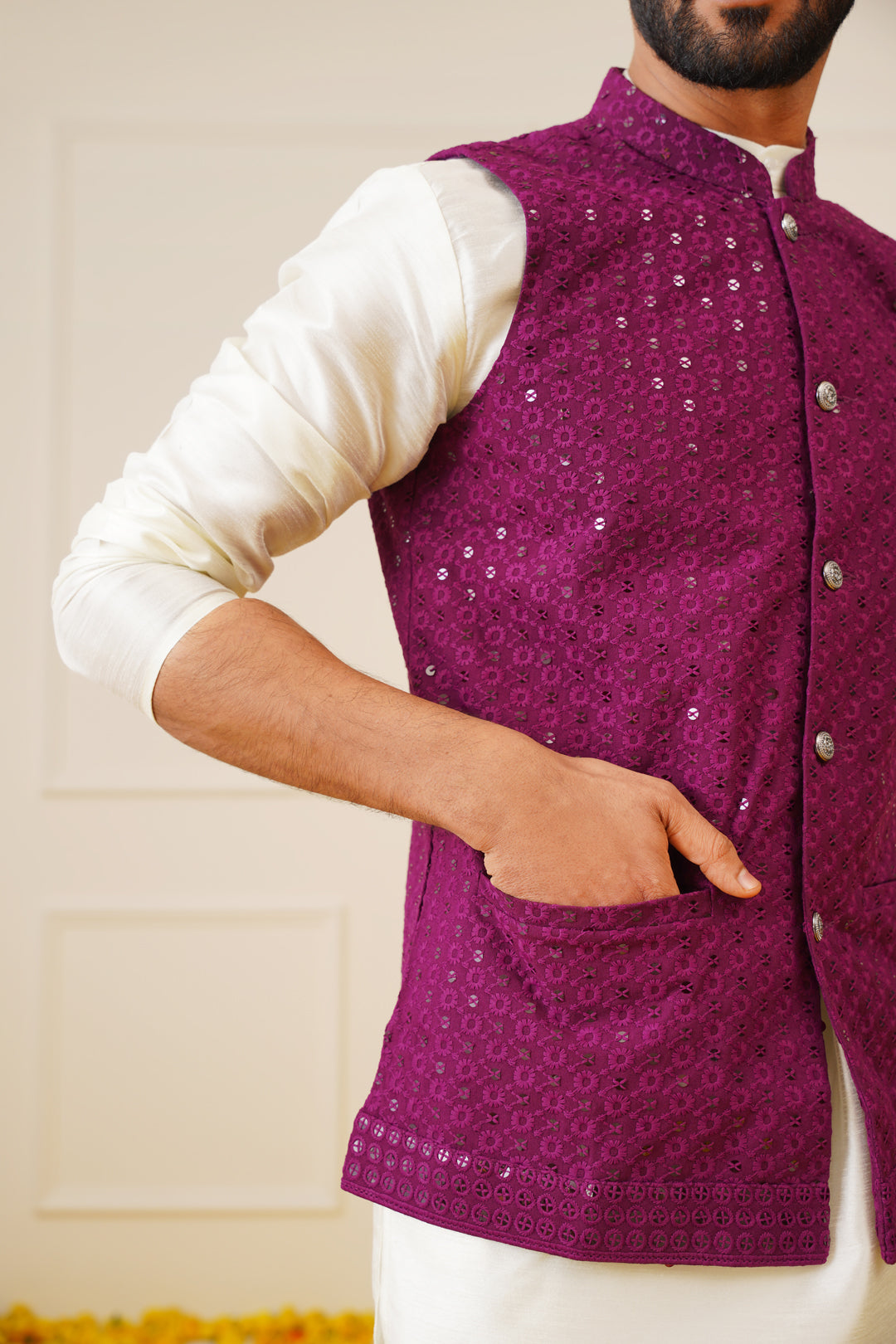Purple Sequin Nehru Jacket Kurta Pajama - Mens Kurta Pajama Set