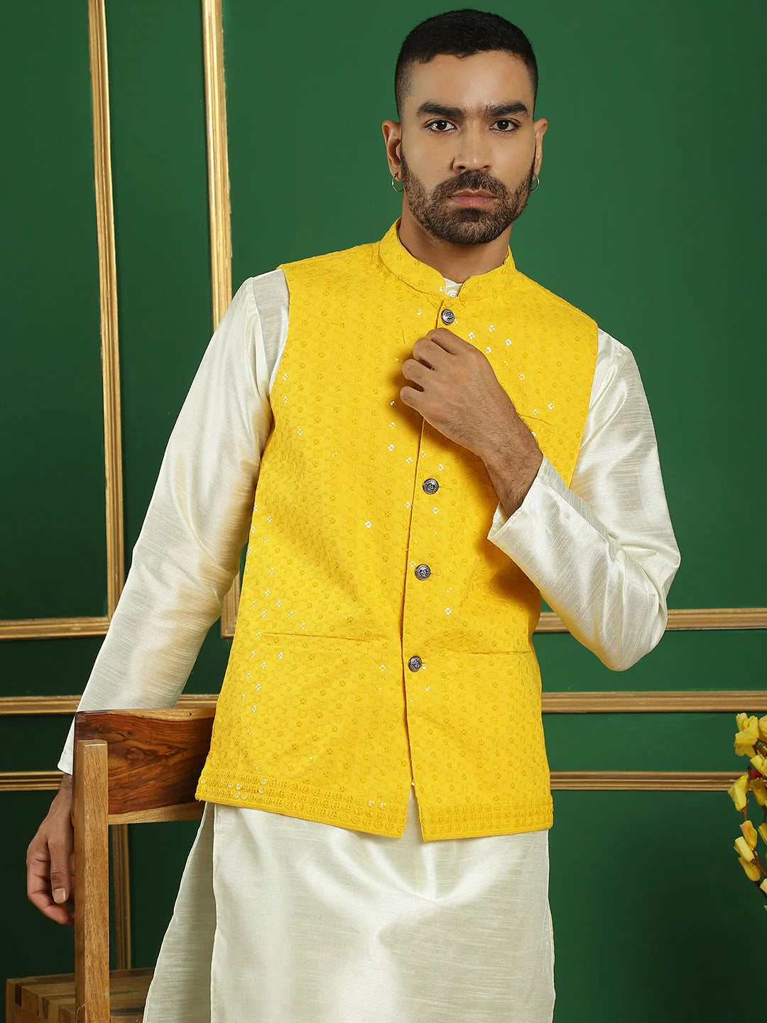 Mens Kurta Pajama Set - Yellow Embroidered Nehru Jacket Outfit