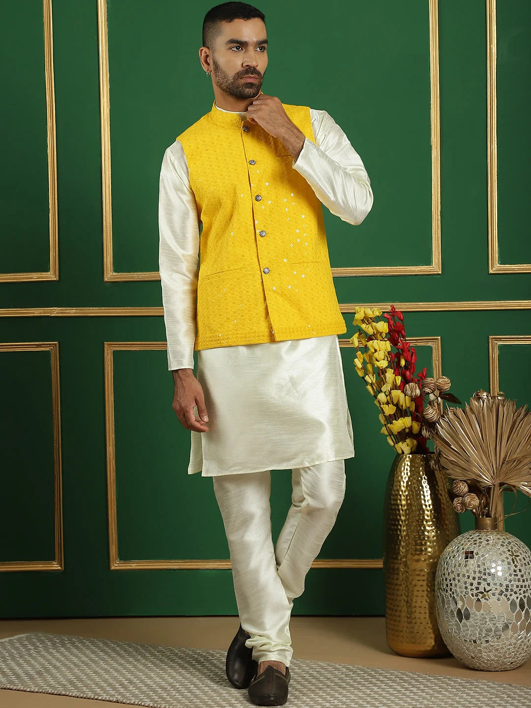 Mens Kurta Pajama Set - Yellow Embroidered Nehru Jacket Outfit