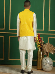 Men's Sequins and Embroidred Nehru Jacket With Kurta Pyjama-JOKPWC-636W
