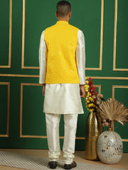 Men's Sequins and Embroidred Nehru Jacket With Kurta Pyjama-JOKPWC-636W