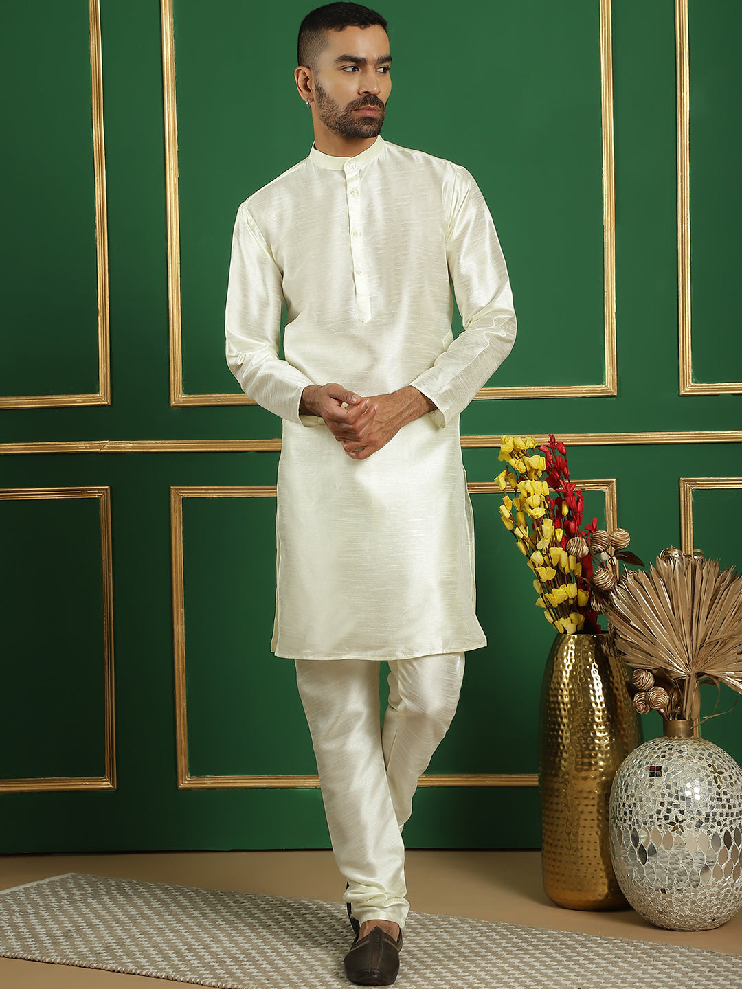 Mens Kurta Pajama Set - Yellow Embroidered Nehru Jacket Outfit