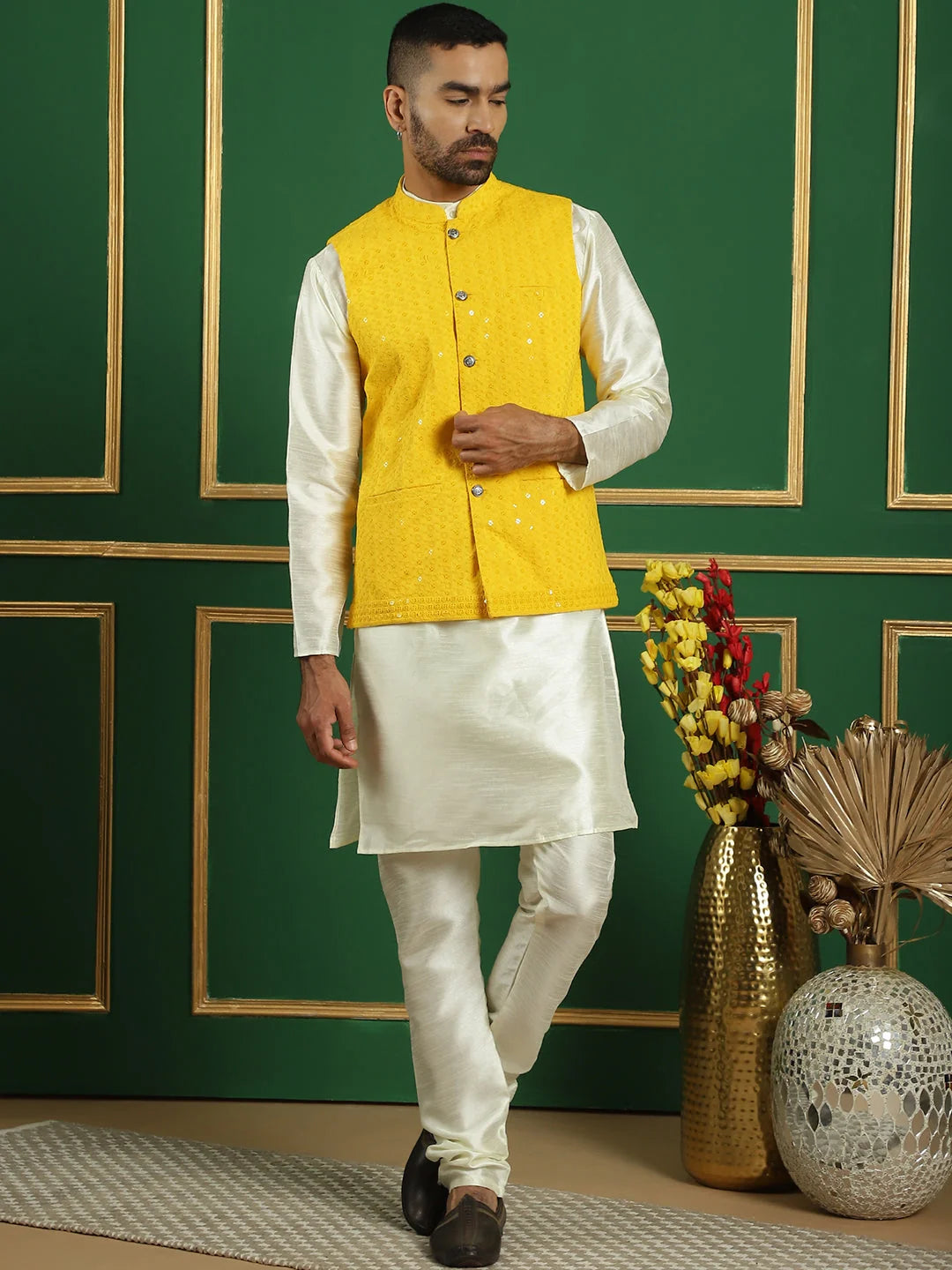 Mens Kurta Pajama Set - Yellow Embroidered Nehru Jacket Outfit