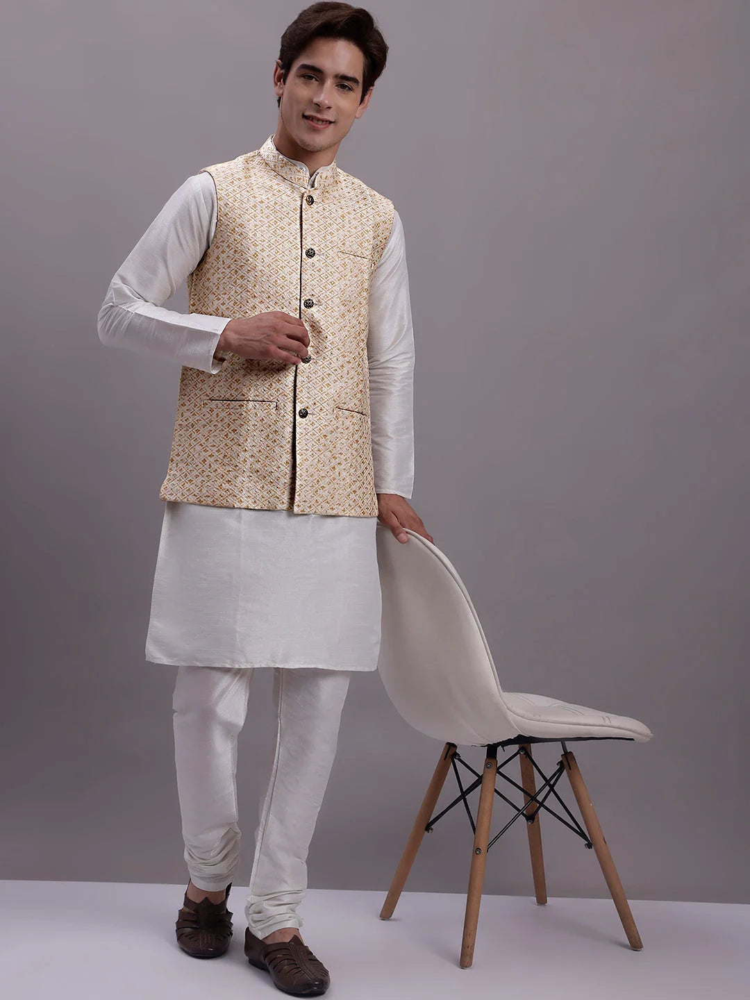 Graceful Cream Nehru Jacket Kurta Pajama Set - Mens Kurta Pajama