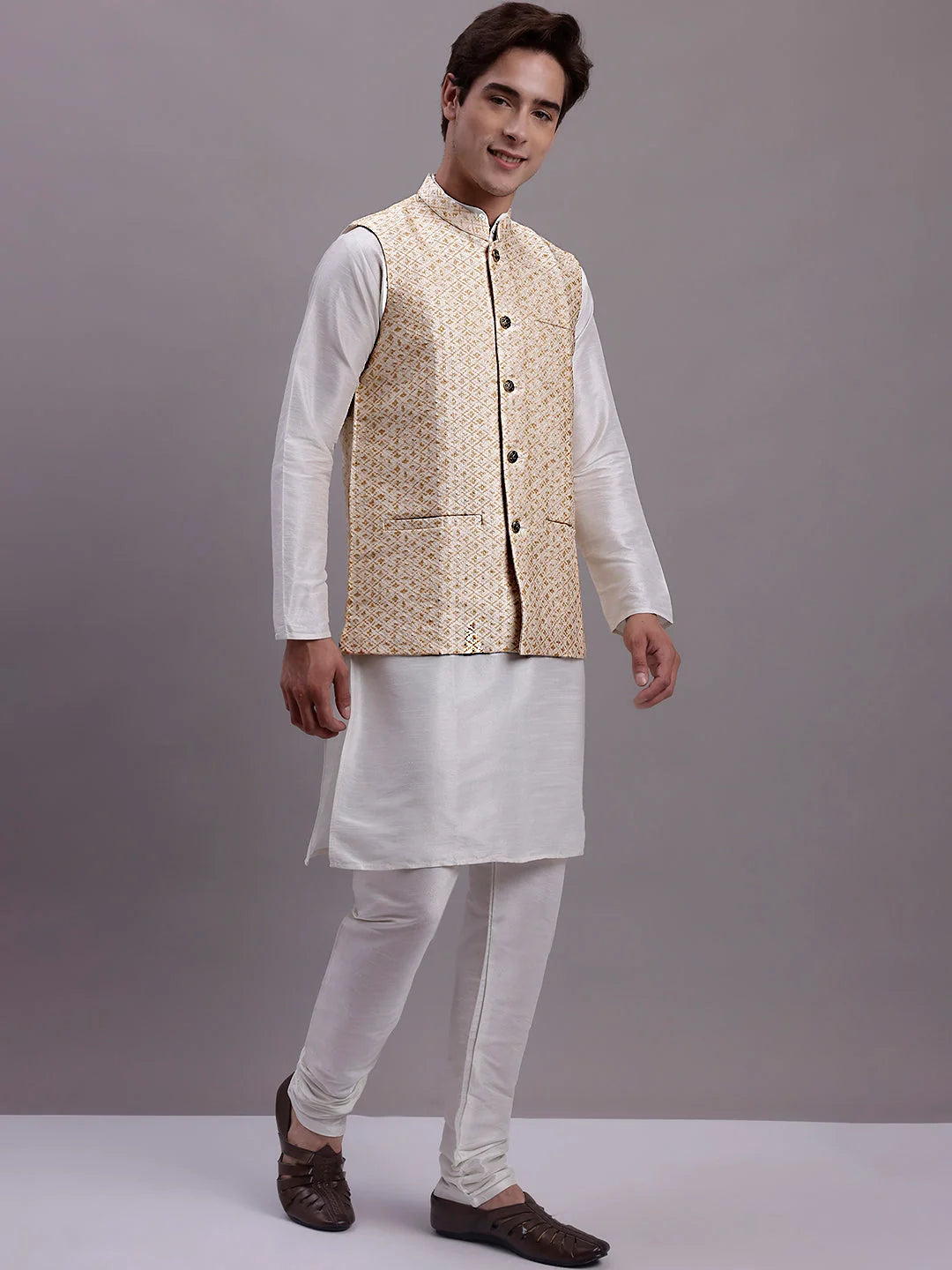 Graceful Cream Nehru Jacket Kurta Pajama Set - Mens Kurta Pajama