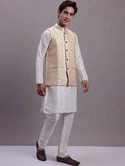 Men's Cream Woven Design Nehru Jacket With Solid Kurta Pyjama.