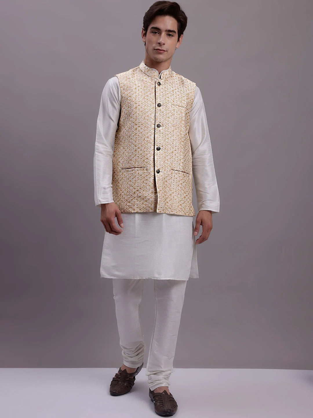 Graceful Cream Nehru Jacket Kurta Pajama Set - Mens Kurta Pajama