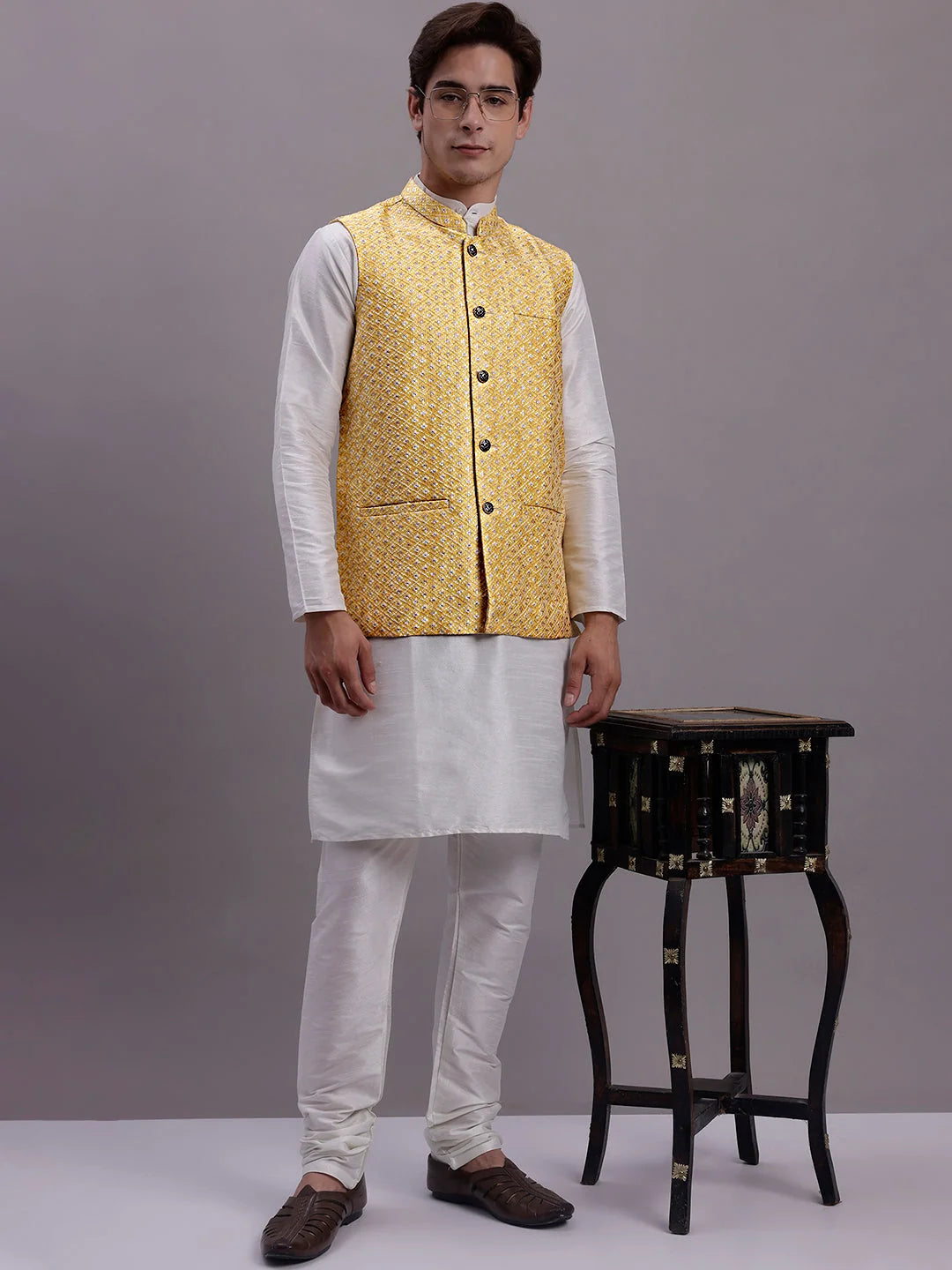 Golden Nehru Jacket Kurta Pajama Set - Mens Kurta Pajama Cotton