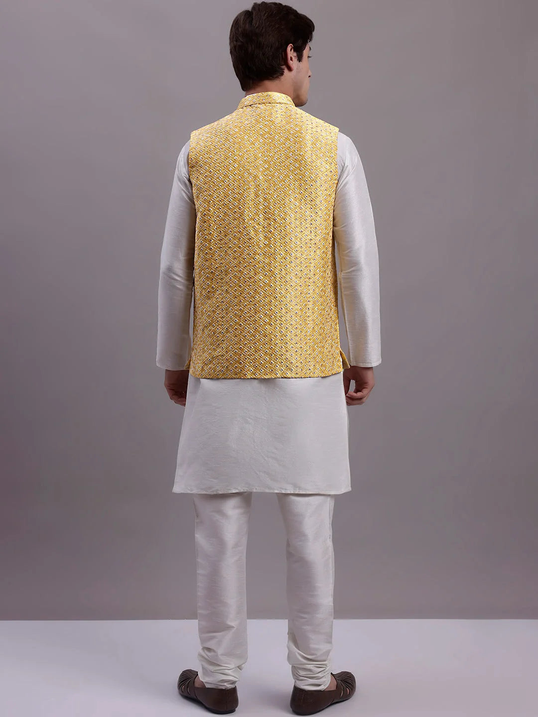Golden Nehru Jacket Kurta Pajama Set - Mens Kurta Pajama Cotton