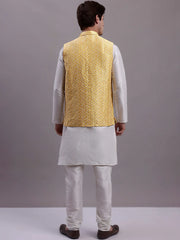 Men's Golden Woven Design Nehru Jacket With Solid Kurta Pyjama.