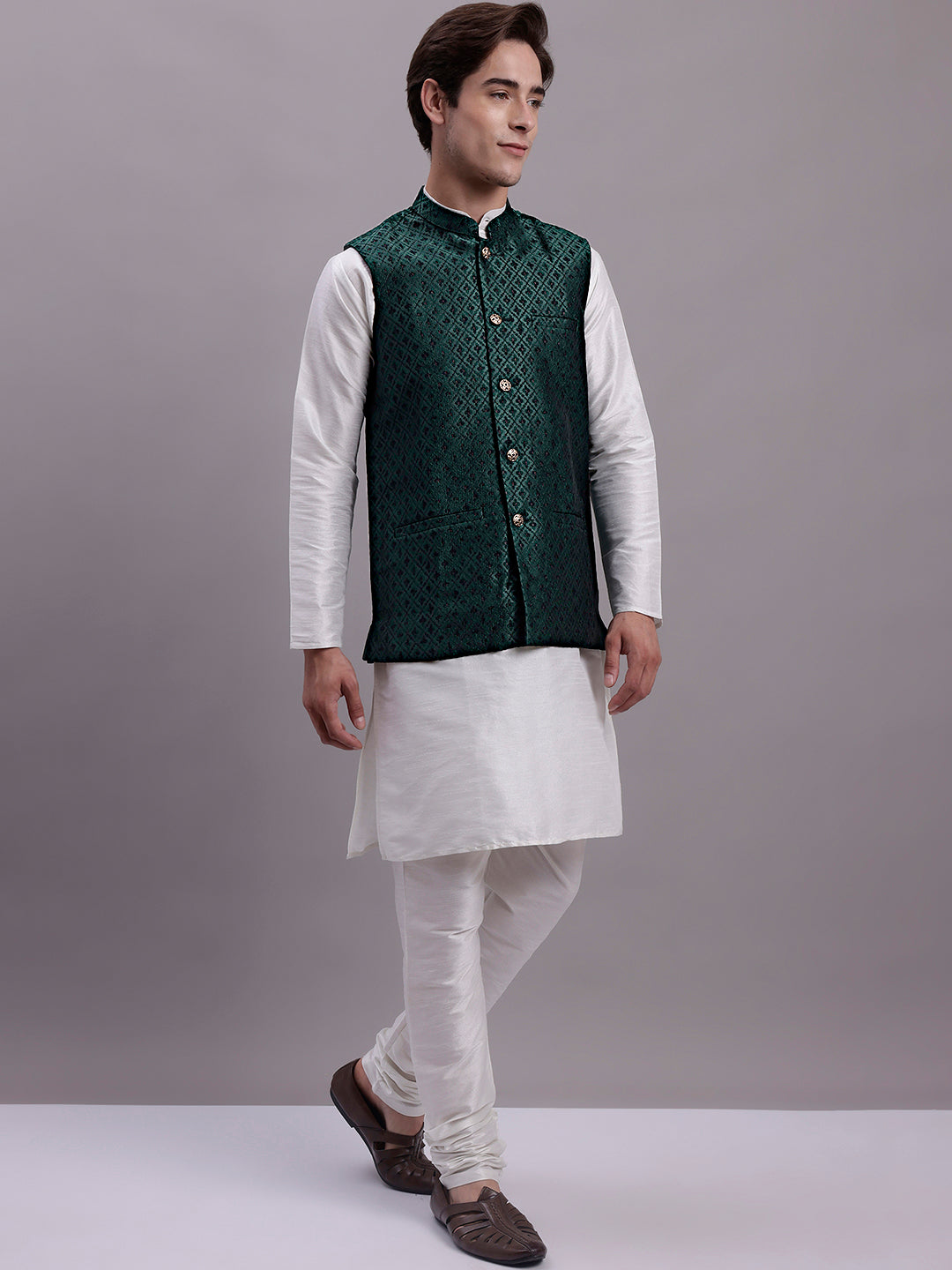 Trendy Olive Green Nehru Jacket Kurta Pajama Set for Men - Indian Wear