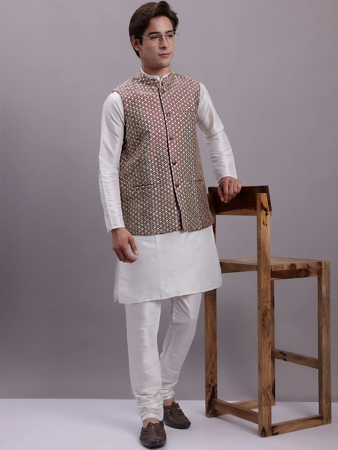 Peach Nehru Jacket Kurta Pajama Set - Mens Kurta Pajama Cotton