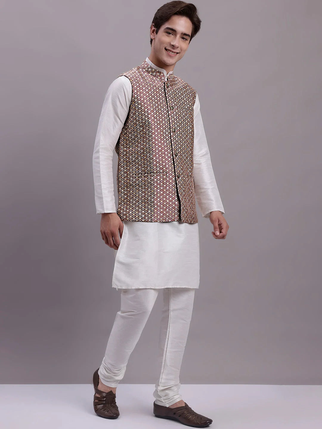 Peach Nehru Jacket Kurta Pajama Set - Mens Kurta Pajama Cotton