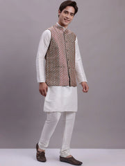 Men's Peach Woven Design Nehru Jacket With Solid Kurta Pyjama.