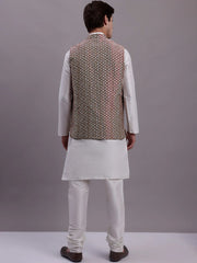 Men's Peach Woven Design Nehru Jacket With Solid Kurta Pyjama.