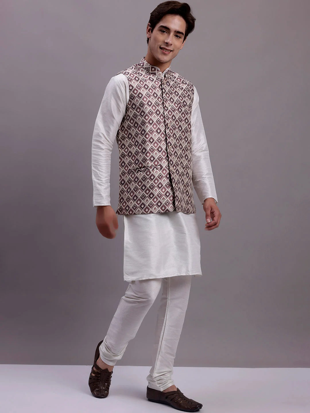 Purple Nehru Jacket Kurta Pajama Set - Mens Kurta Pajama Cotton