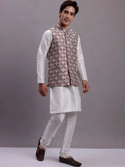 Men's Purple Woven Design Nehru Jacket With Solid Kurta Pyjama.