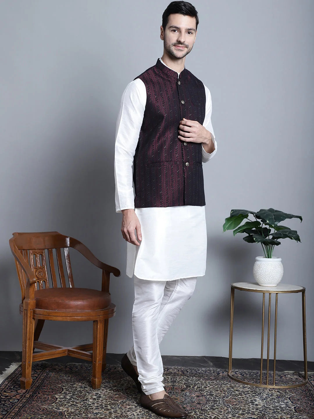 Maroon Kurta Pajama Set with Nehru Jacket - Men's Cotton