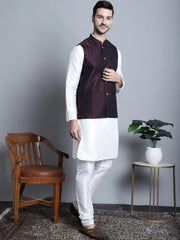 Men's Woven Design Nehru Jacket With Kurta Pyjama Set-4085Maroon